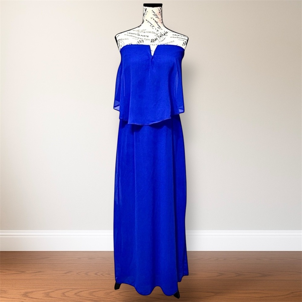 City Triangles Blue Maxi Dress Strapless Chiffon Ruffle Spring Wedding Guest